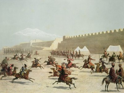Guerrieri curdi e tatari a Sadar Abbat, Armenia, tavola 15 da un libro sul Caucaso, Rayot e Jacottet, pubblicato da Alfred Leon Lemercier, Parigi, 1847 da Grigori Grigorevich Gagarin